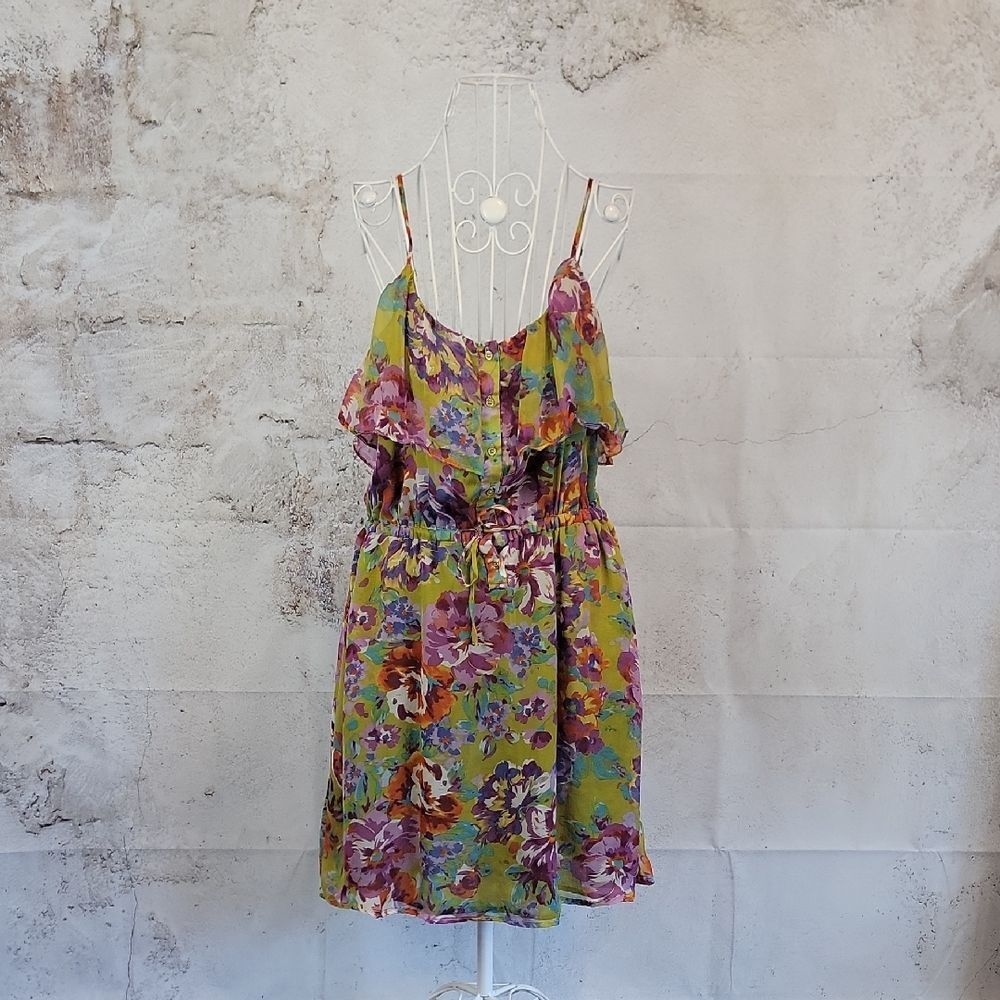 Line & Dot Silk Floral Multicolor Ruffle Dress Womens Size M